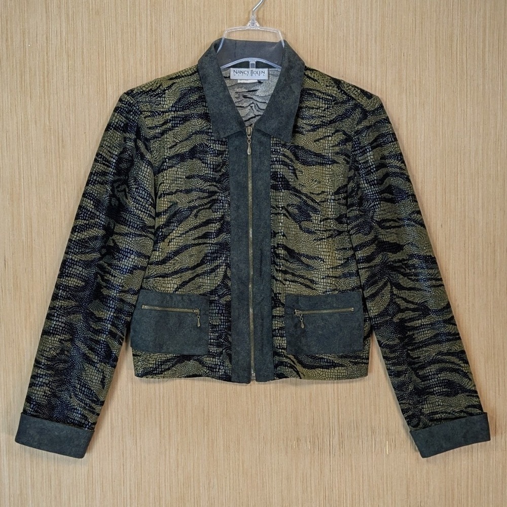 Nancy Bolen City Girl Olive Green Animal Print Jacket Womens 8 Vtg 90s Retro USA
